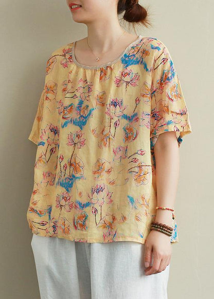 Classy print pink linen cotton clothes Neckline o neck summer top - SooLinen