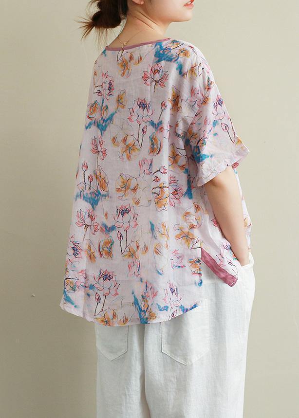 Classy print pink linen cotton clothes Neckline o neck summer top - SooLinen