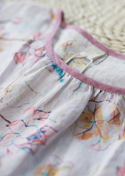 Classy print pink linen cotton clothes Neckline o neck summer top - SooLinen