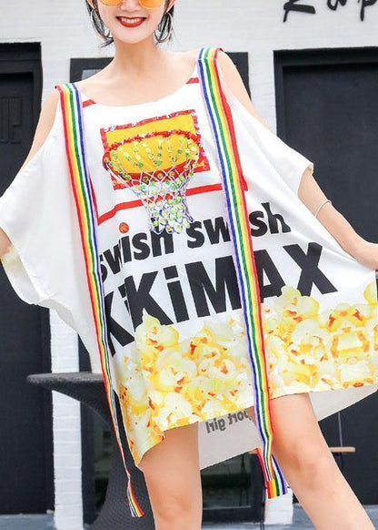 Classy prints Cotton dresses white off the shoulder Plus Size summer Dress - SooLinen