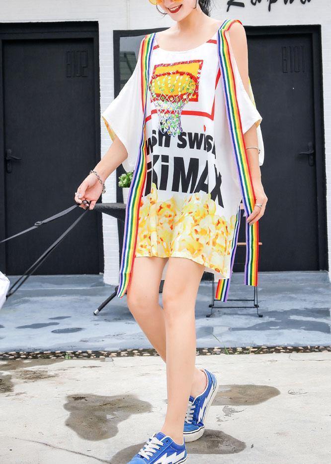 Classy prints Cotton dresses white off the shoulder Plus Size summer Dress - SooLinen