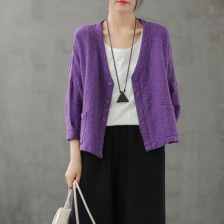 Classy purple Tunic v neck Button Down Dresses fall shirt - SooLinen