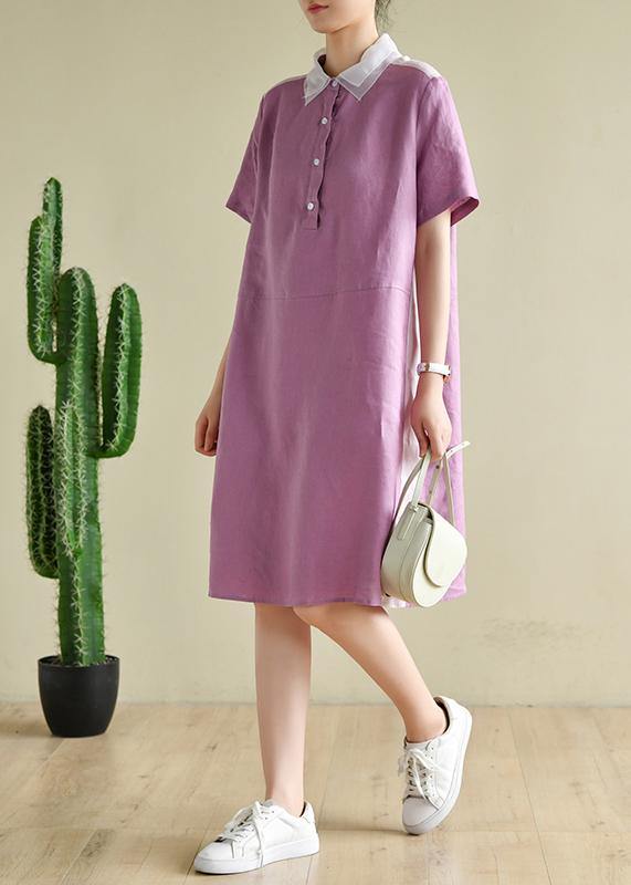 Classy purple Tunics lapel patchwork Knee summer Dresses - SooLinen