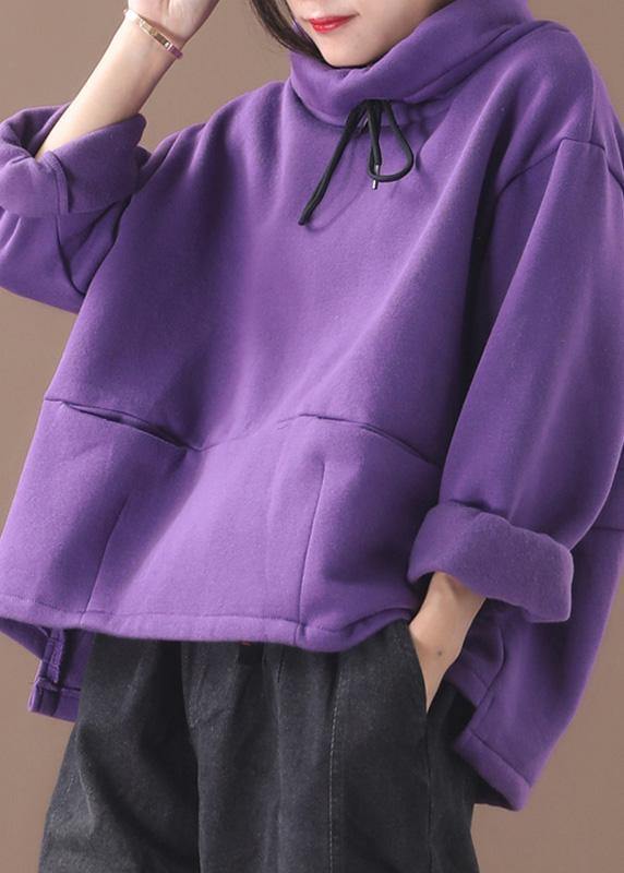 Classy purple cotton top silhouette thick Knee high neck tops - SooLinen