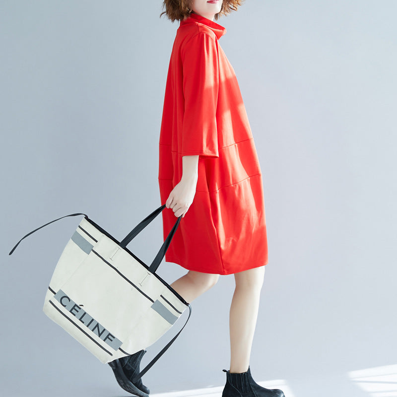 Edles rotes Baumwollkleid aus indischem Leinen mit hohem Halsausschnitt und A-Linie