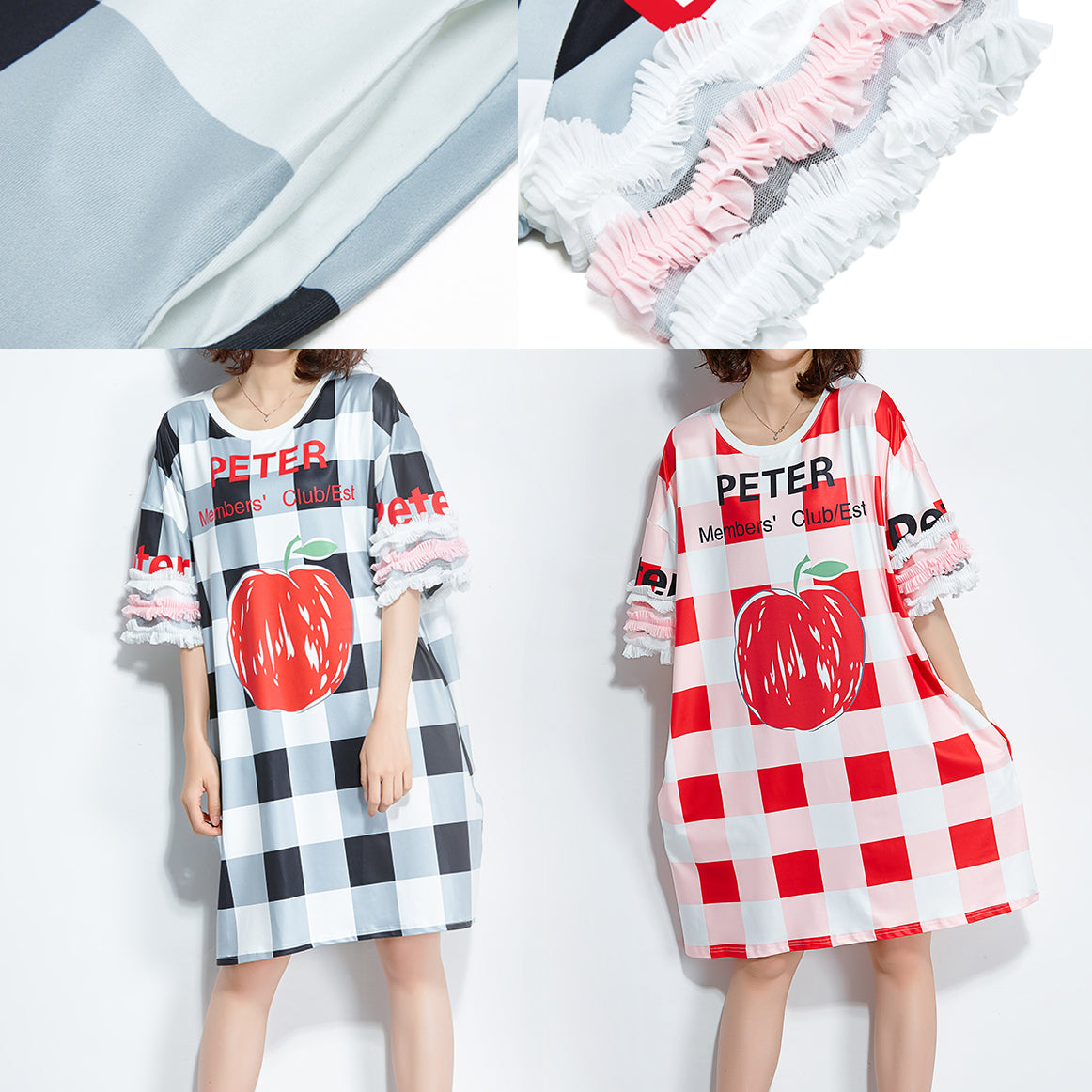 Edle rote karierte Steppkleider aus Seide. Feines Leinen. Halbarm-Sommerkleid aus Seide