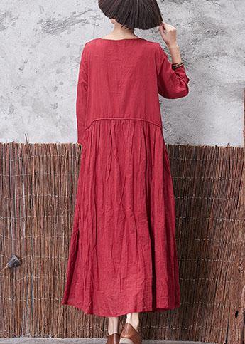 Classy red crop sleeve linen clothes layered Plus Size fall Dress - SooLinen