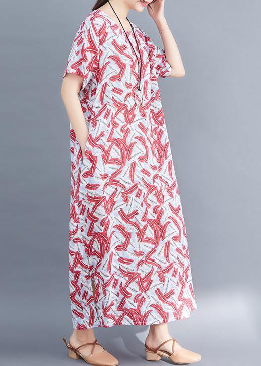 Classy red prints cotton tunic dressVintage Sewing side open Traveling summer Dresses - SooLinen