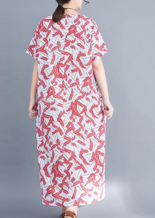 Classy red prints cotton tunic dressVintage Sewing side open Traveling summer Dresses - SooLinen