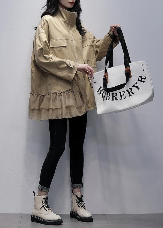 Classy stand collar Fashion outwear khaki patchwork tulle loose coats - SooLinen