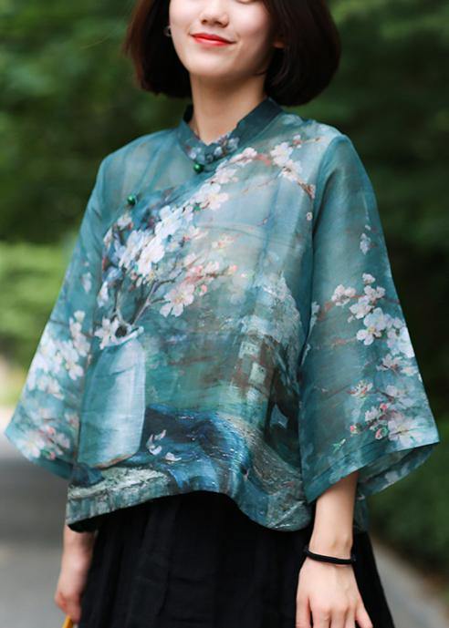 Classy stand collar linen summer Shirts Cotton green print shirt - SooLinen