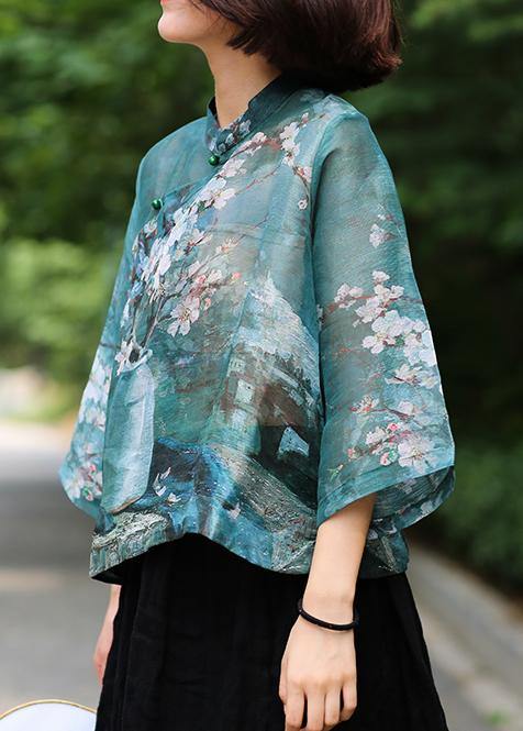 Classy stand collar linen summer Shirts Cotton green print shirt - SooLinen