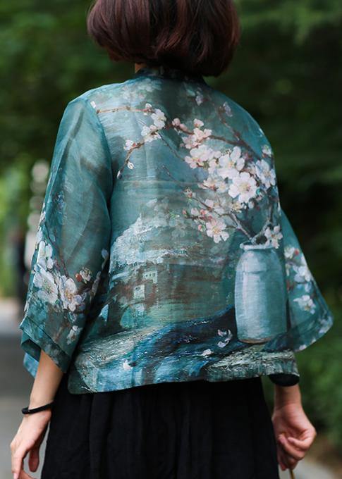 Classy stand collar linen summer Shirts Cotton green print shirt - SooLinen