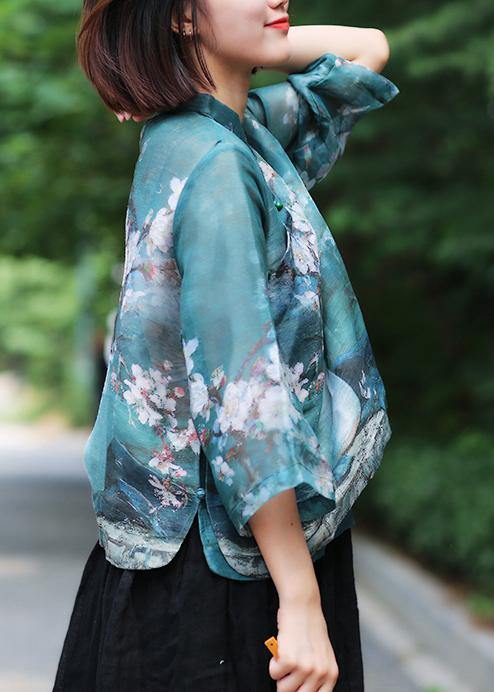 Classy stand collar linen summer Shirts Cotton green print shirt - SooLinen