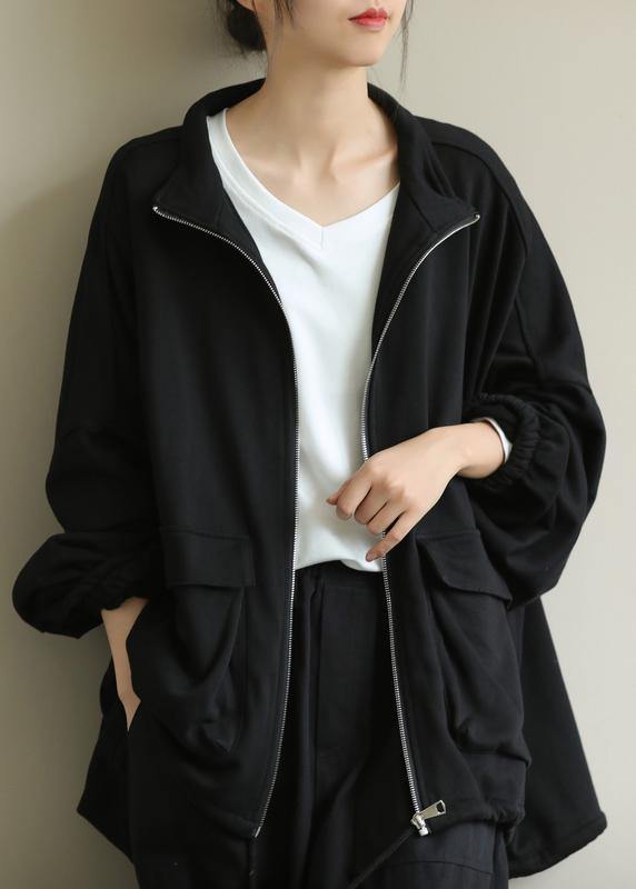 Classy stand collar zippered Fashion clothes For Women black Midi women coats - SooLinen