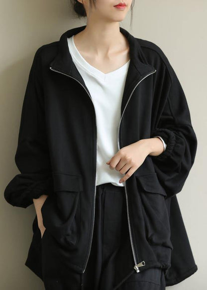 Classy stand collar zippered Fashion clothes For Women black Midi women coats - SooLinen