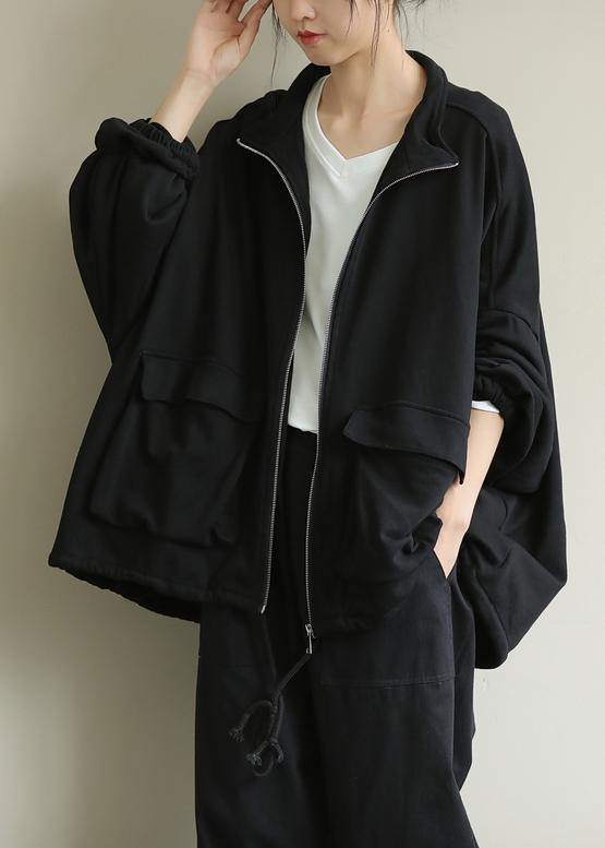 Classy stand collar zippered Fashion clothes For Women black Midi women coats - SooLinen