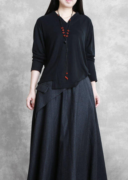 Classy v neck asymmetric tunic top Photography black shirts - SooLinen