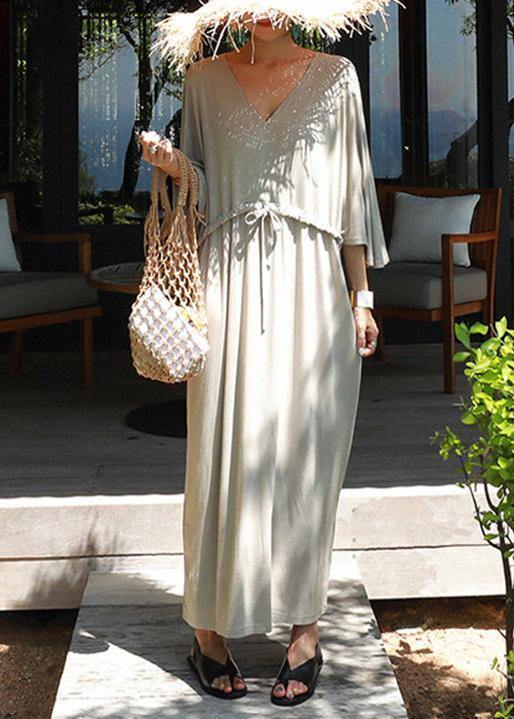 Classy v neck drawstring cotton clothes gray Maxi Dresses - SooLinen