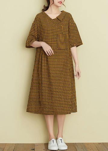 Classy v neck patchwork linen summer clothes For Women Tutorials black plaid Dress - SooLinen