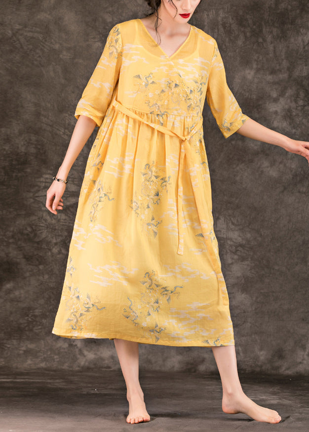 Classy v neck pockets linen dresses 2019 Work Outfits yellow print Maxi Dress Summer