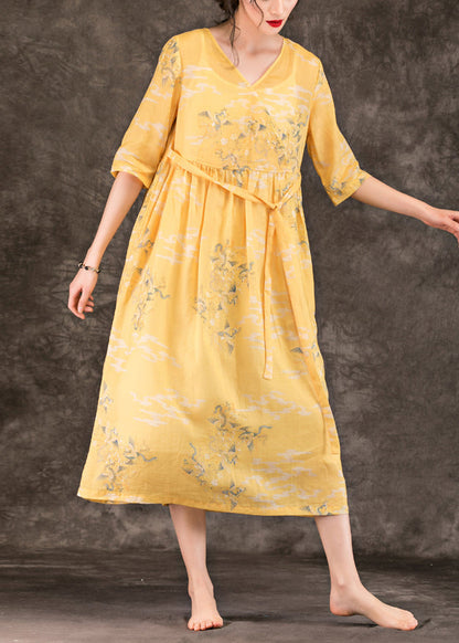 Classy v neck pockets linen dresses 2019 Work Outfits yellow print Maxi Dress Summer
