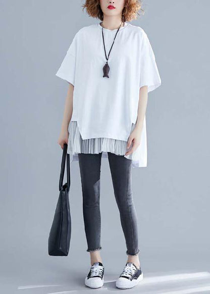 Classy white linen top silhouette Inspiration o neck patchwork summer blouse - SooLinen