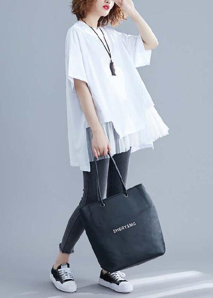 Classy white linen top silhouette Inspiration o neck patchwork summer blouse - SooLinen