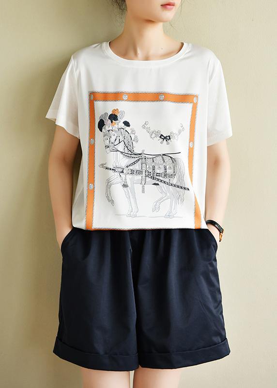 Classy white print clothes For Women o neck daily summer tops - SooLinen