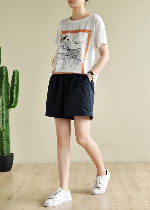 Classy white print clothes For Women o neck daily summer tops - SooLinen