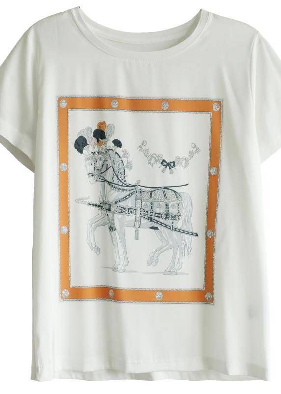 Classy white print clothes For Women o neck daily summer tops - SooLinen