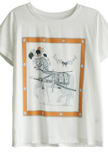 Classy white print clothes For Women o neck daily summer tops - SooLinen