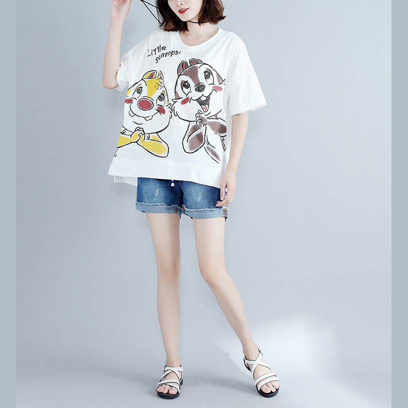 Edle weiße Baumwollkleidung mit Aufdruck für Damen, Boutique-Arbeit, O-Ausschnitt, seitlich offen, Kunst-Tops