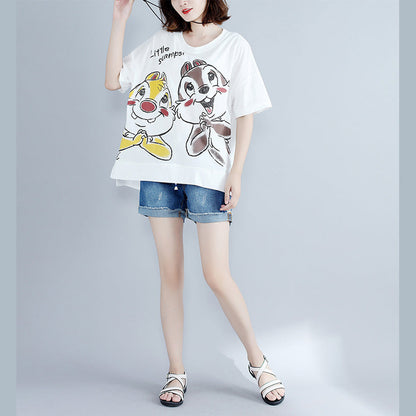 Edle weiße Baumwollkleidung mit Aufdruck für Damen, Boutique-Arbeit, O-Ausschnitt, seitlich offen, Kunst-Tops