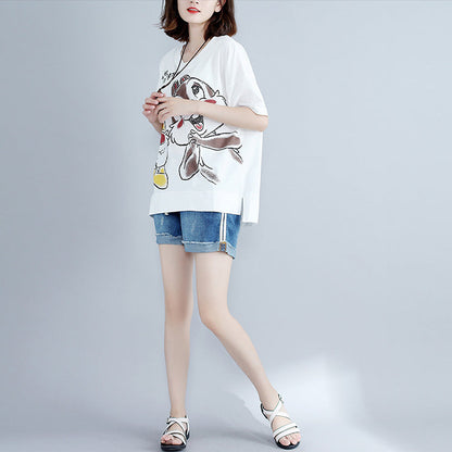 Edle weiße Baumwollkleidung mit Aufdruck für Damen, Boutique-Arbeit, O-Ausschnitt, seitlich offen, Kunst-Tops