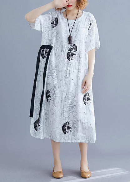 Classy white print dresses o neck tie waist daily summer Dresses - SooLinen