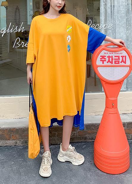 Classy yellow Smiley print clothes Women o neck patchwork Art Dress - SooLinen