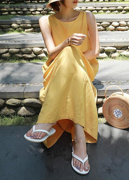Classy yellow cotton Wardrobes o neck sleeveless Maxi summer Dresses - SooLinen