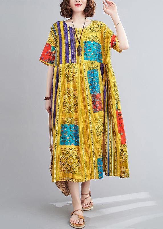 Classy yellow print clothes For Women o neck short sleeve Maxi summer Dress - SooLinen