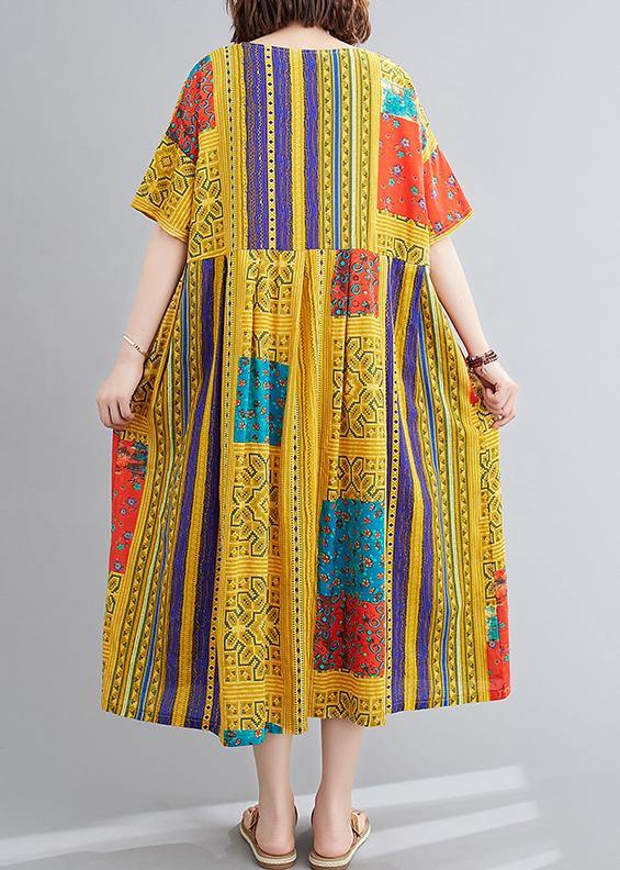 Classy yellow print clothes For Women o neck short sleeve Maxi summer Dress - SooLinen