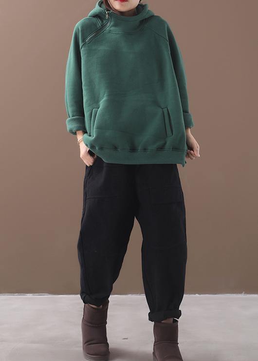 Classy zippered cotton hooded blouses for women Inspiration green thick blouse - SooLinen