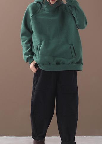 Classy zippered cotton hooded blouses for women Inspiration green thick blouse - SooLinen