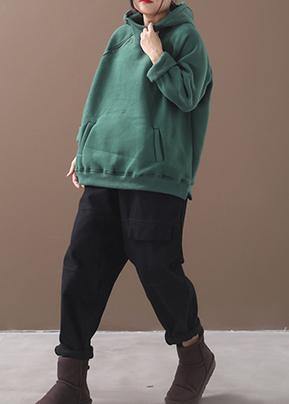 Classy zippered cotton hooded blouses for women Inspiration green thick blouse - SooLinen
