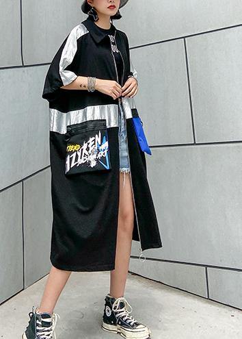 Classy zippered pockets Fine trench coat black baggy summer coats - SooLinen