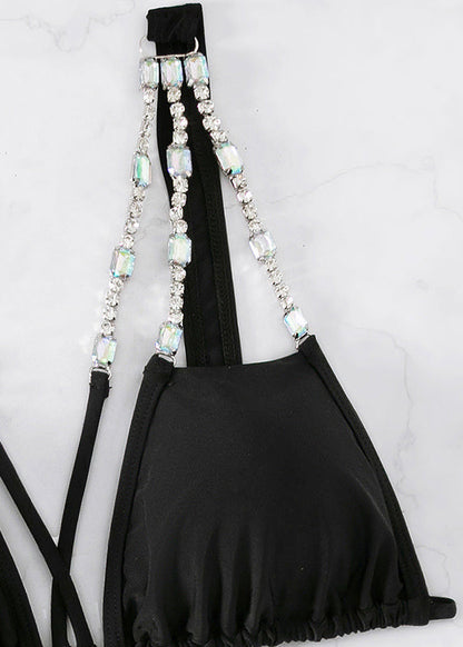 Club Black Backless Zircon Lingerie Set