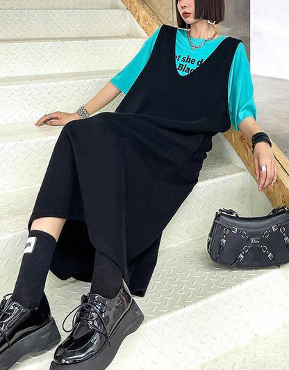 Club Black V Neck Cotton long Maxi Dress - SooLinen