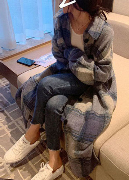 Club Grau Blau Plaid Knopfseite offen Herbst Wolle Langarm Trenchcoat