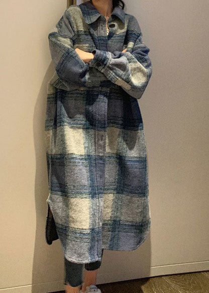Club Grau Blau Plaid Knopfseite offen Herbst Wolle Langarm Trenchcoat