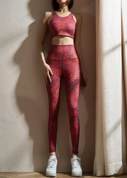 Club Red Print Silm Fit Summer Sports Bra And Leggings Set Suit