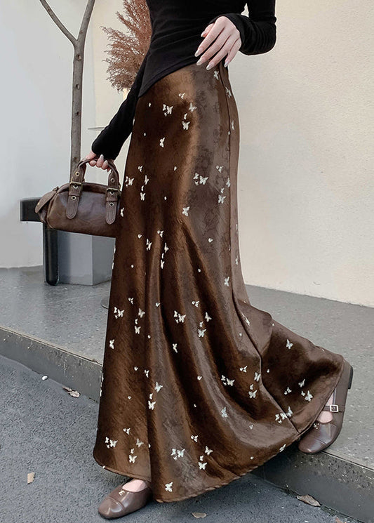 Seidenrock mit Schmetterlingsmuster in Kaffeebraun, hoher Bund